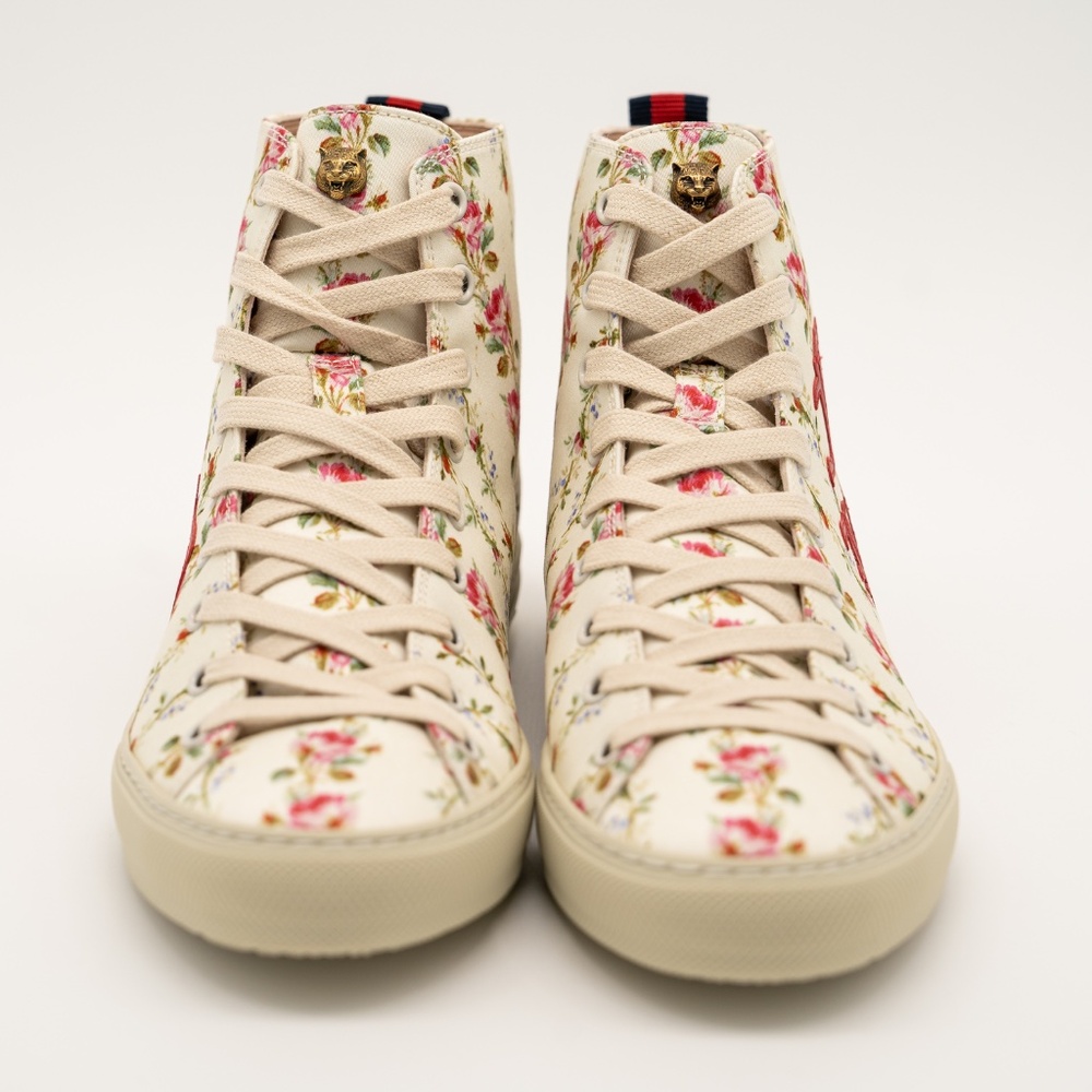 size 38eu 8us Gucci Blind For Love Floral Print High Top Sneakers Canvas Red - Picture 2 of 14